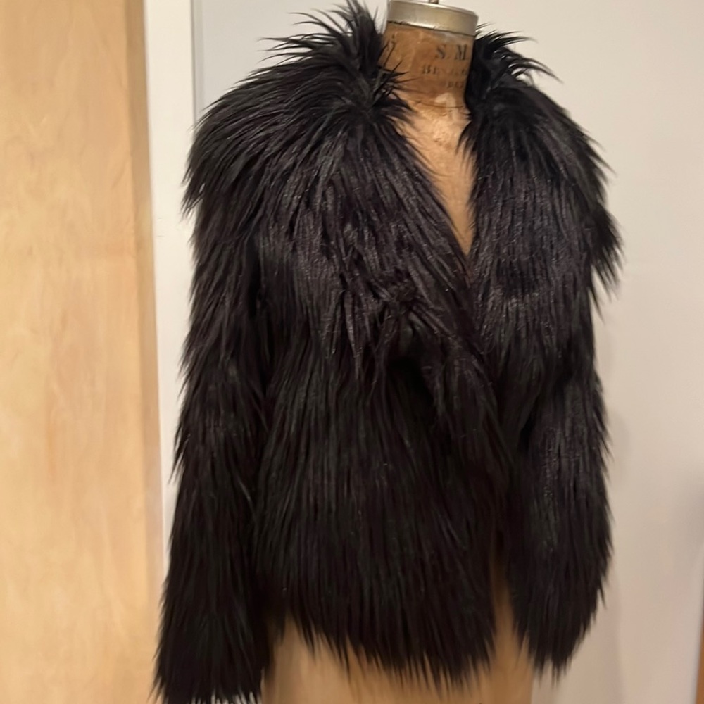 Milly Cole Coat Jacket black faux fur fausse size P
